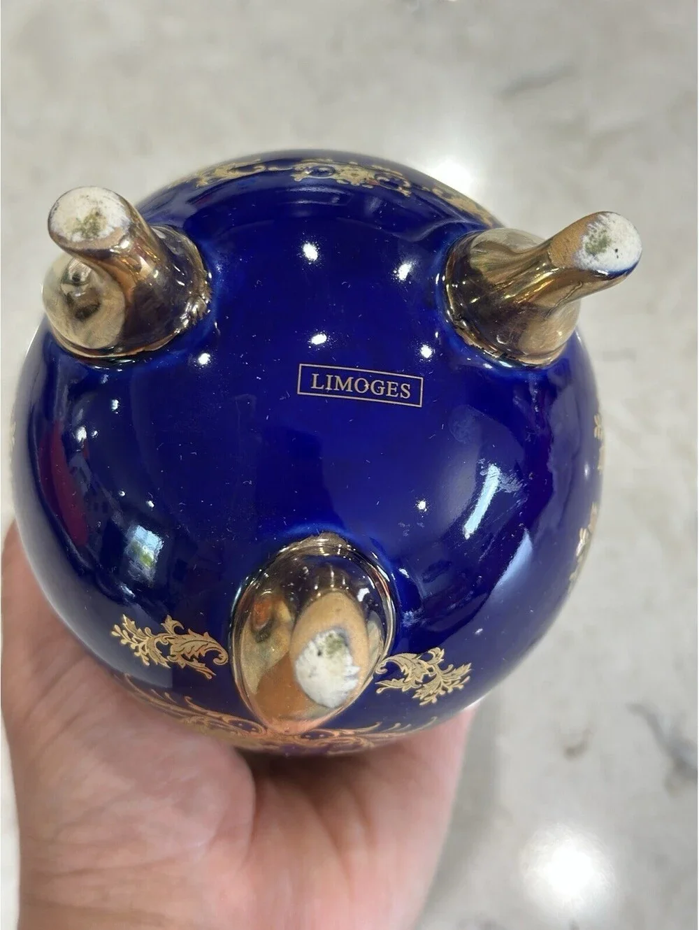 Vintage Limoges French Cobalt Blue Footed Egg Vase With 18k Or 22k Gold Accent